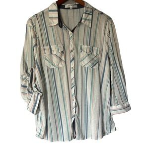 Eden Olivia 2X Multicolor Stripe Button Down Roll Tab Sleeve Shirt NWT Casual
